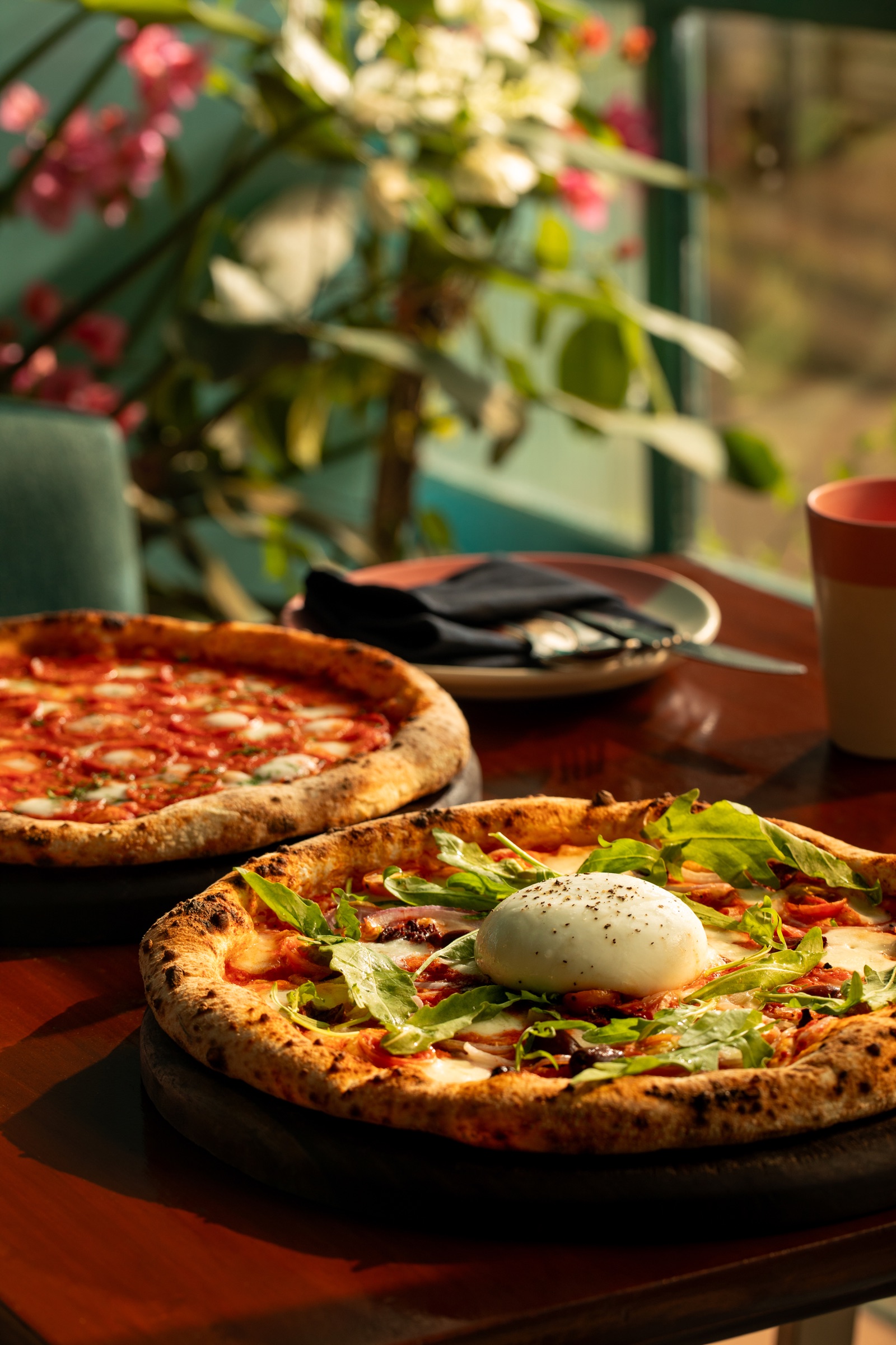 Farmhouse Burrata pizza on a sunlit table